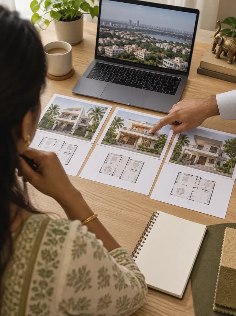 Comparing shortlisted homes and floor plans at a desk