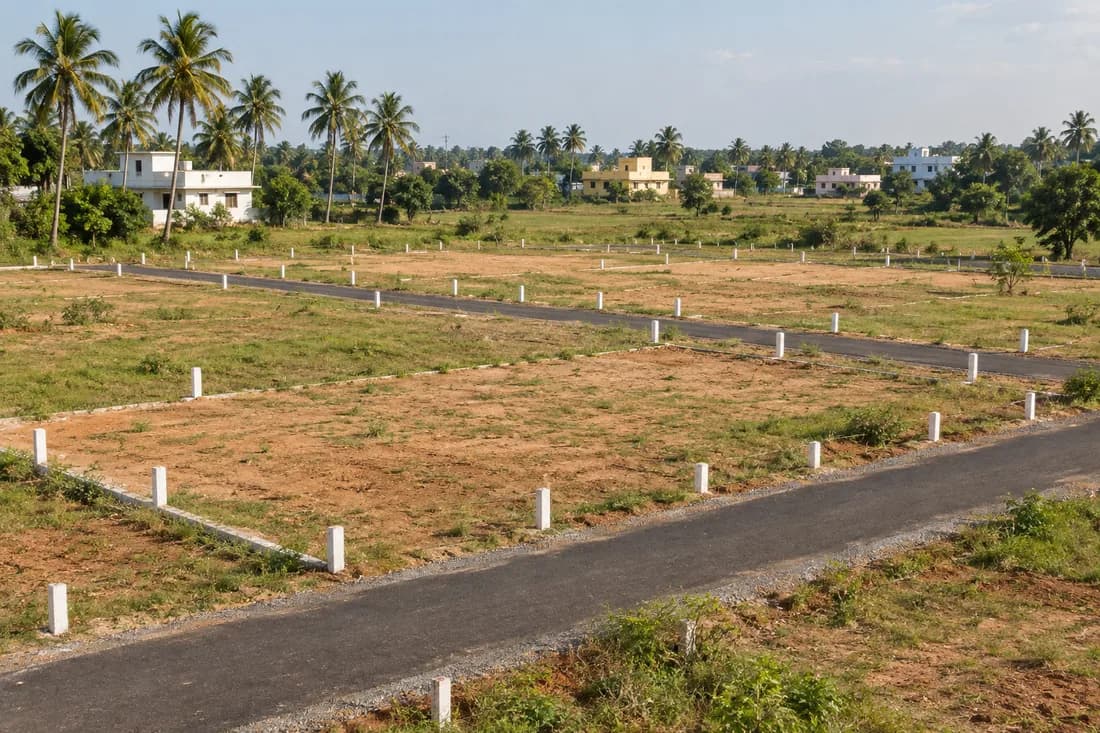 Vacant residential plots with boundary markers and road access