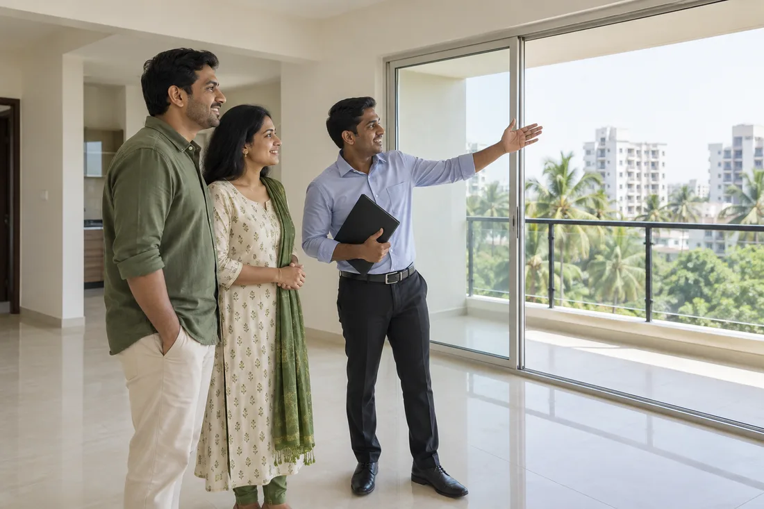Homebuyers exploring an apartment with a property advisor